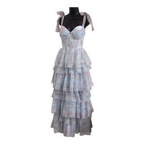 Blue pink ethereal floral chiffon tulle tiered layered maxi gown size‎ Small new